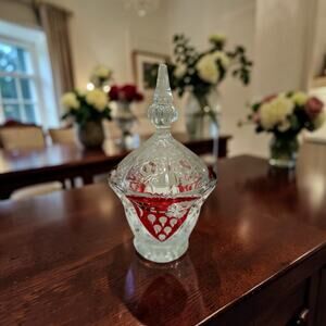 Anna Hutte West Germany Crystal Cranberry Cut to Clear Lidded Trinket Candy Dish